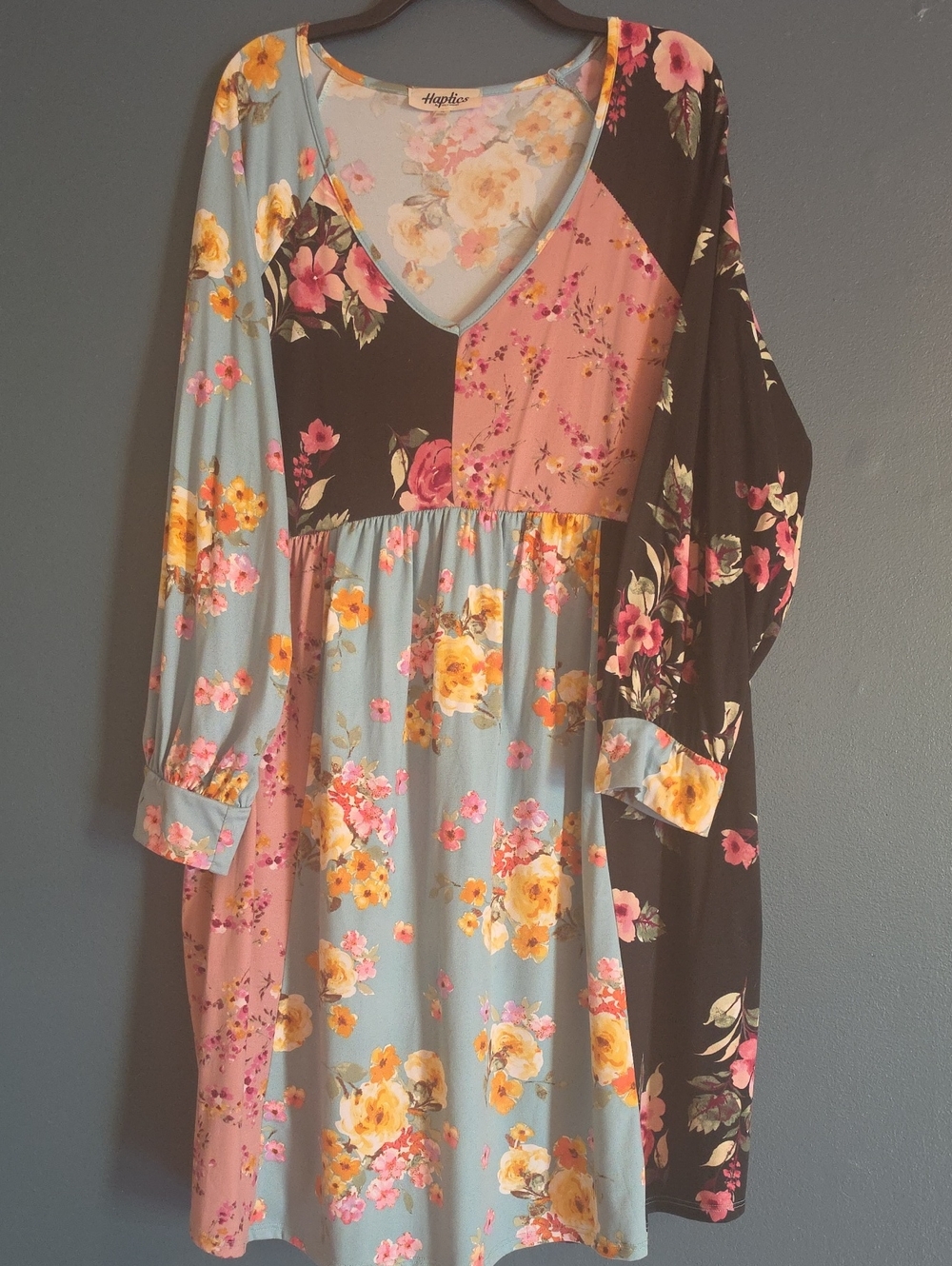 Womens Floral Patchwork Long Sleeve Dress - Blue/Pink/Black
